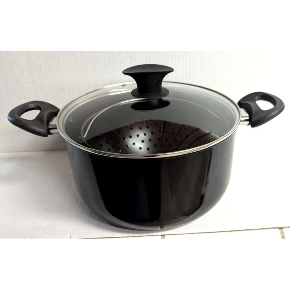 Easy Strain Pot Tilt Non-Stick Cookware 3-pc Black Clear Steam Release Lid NEW